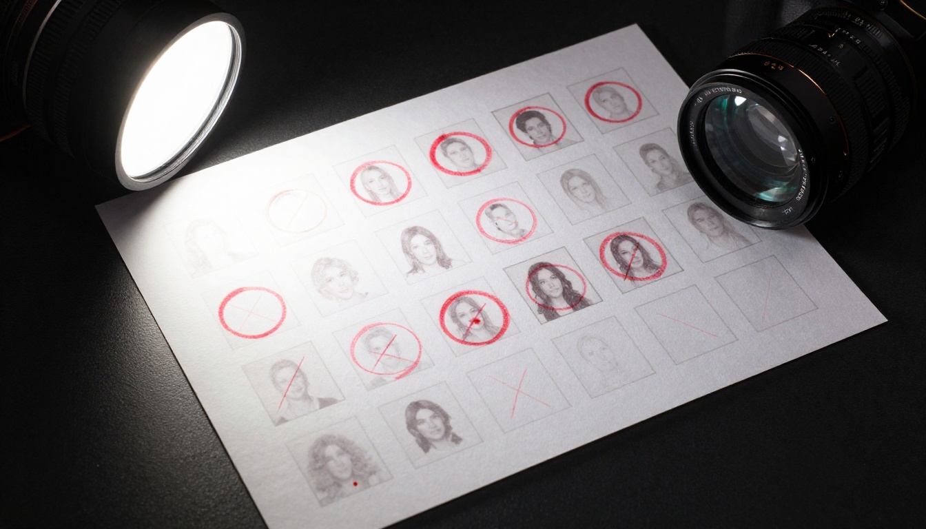 Top-down view of a printed contact sheet marked with red grease pencil and a photographer's loupe