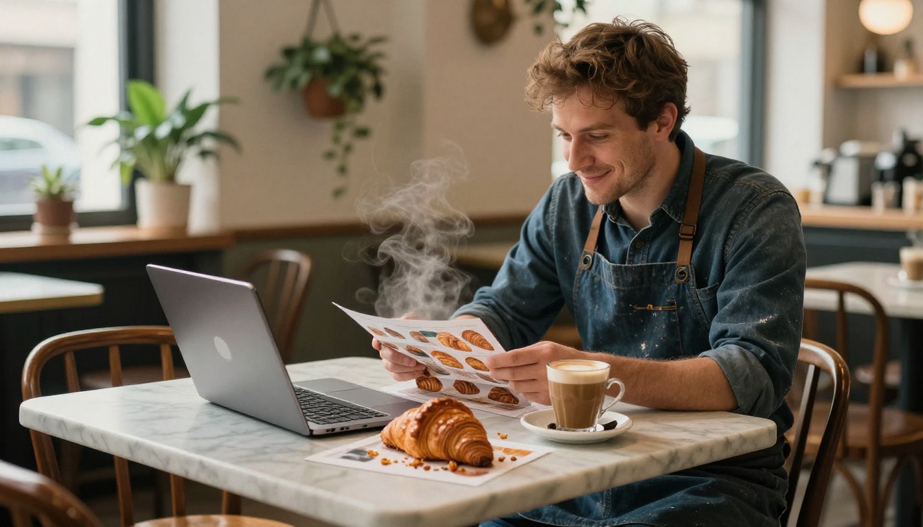 A bakery owner reviewing printed product photos at a cafe table