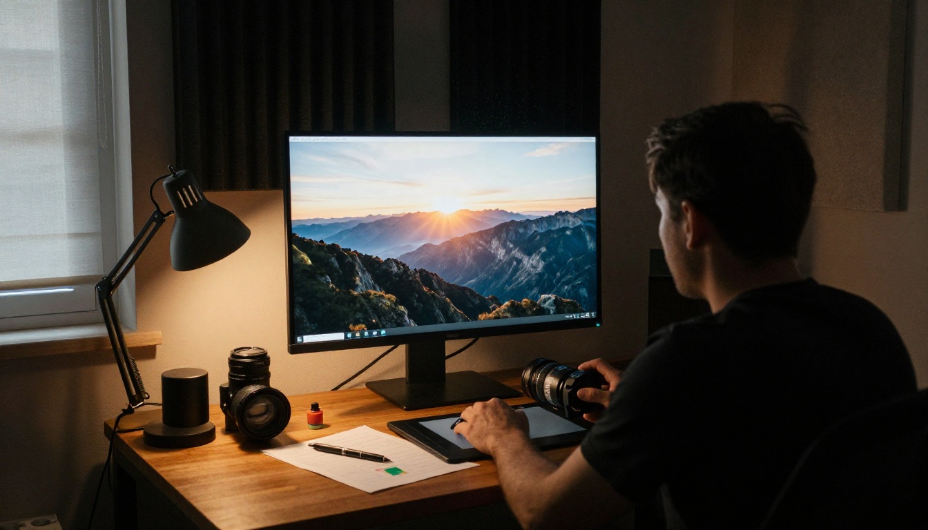 A photographer editing a mountain landscape on a calibrated monitor