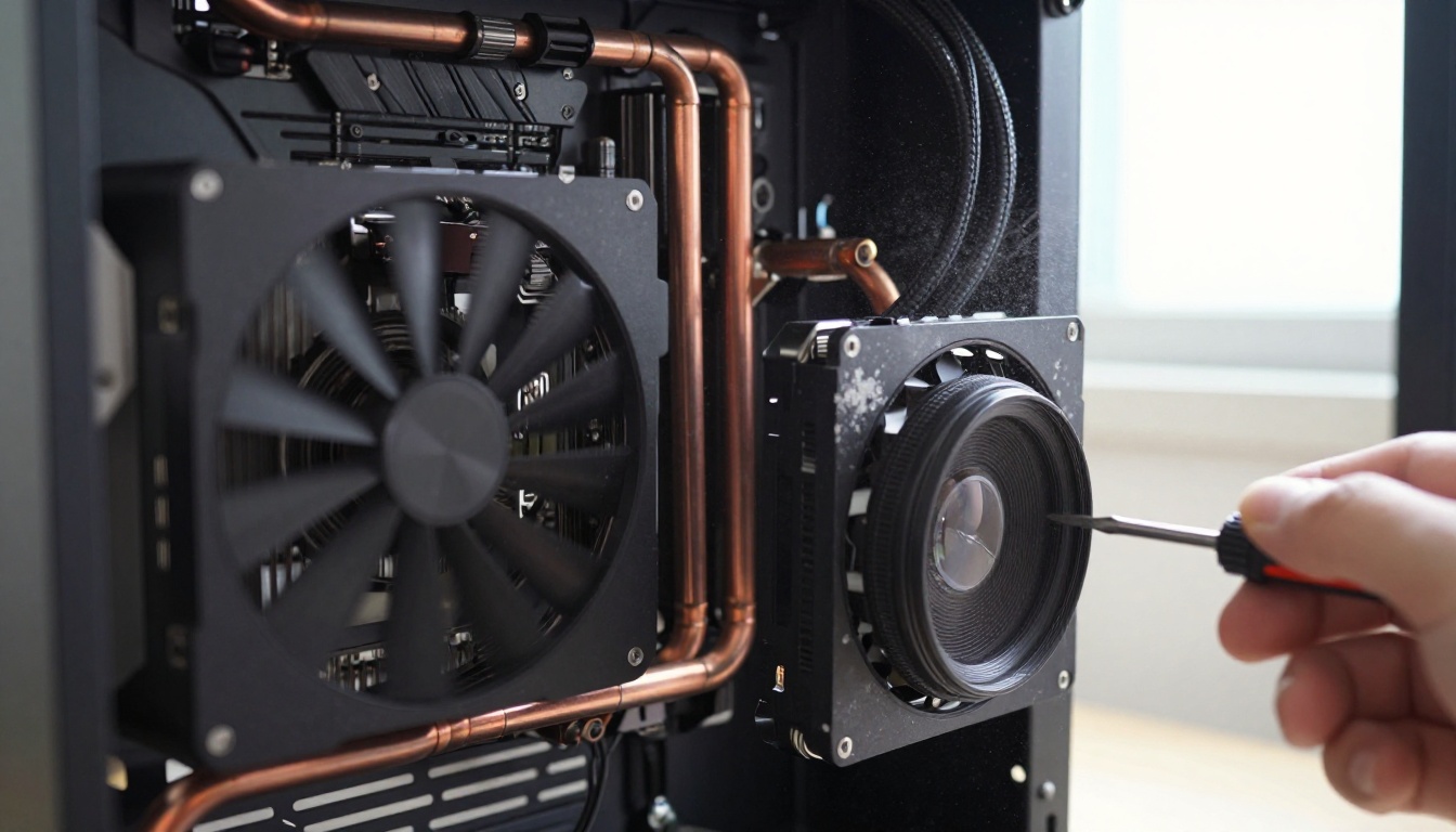 A matte black graphics card inside an open PC case