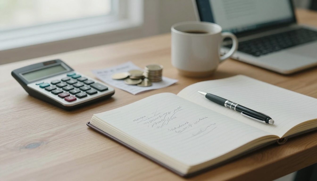 A freelancer's desk with a calculator, notebook, coins and a receipt