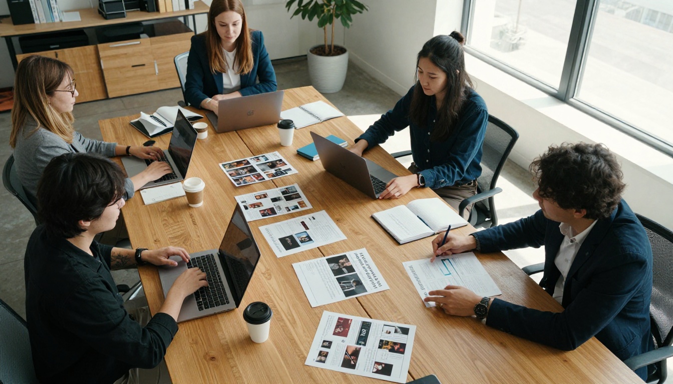 Four colleagues reviewing printed social posts around an oak table