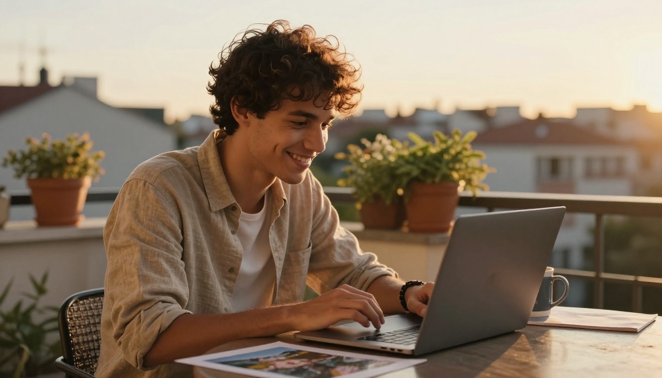 A smiling creator at a laptop on a sunlit balcony at golden hour