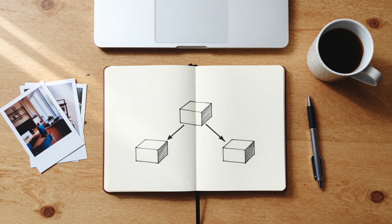 Notebook sketch of three boxes joined by pencil arrows on an oak desk