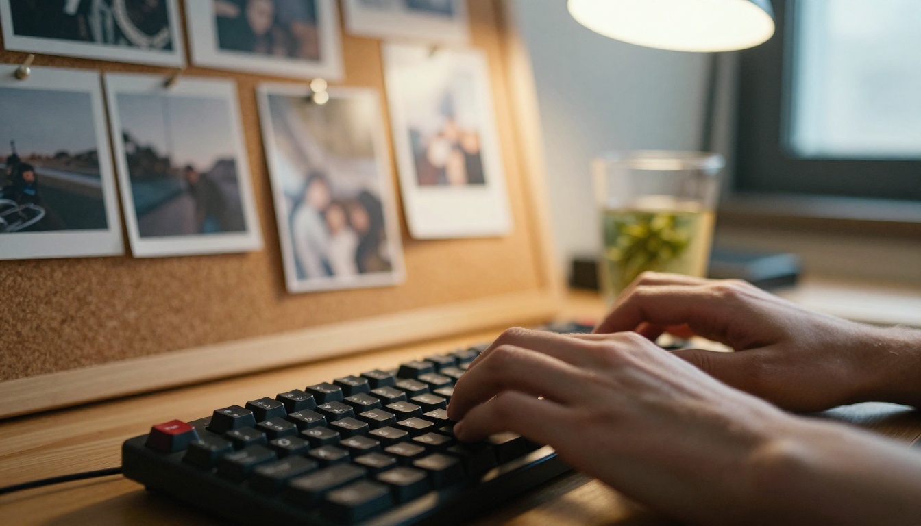 Designer's hands typing at a desk with printed photographs pinned on a corkboard behind