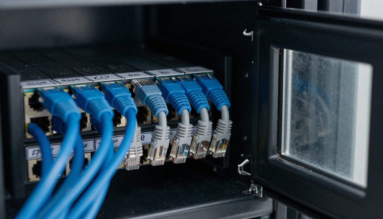 Blue ethernet cables bundled neatly into a black patch panel
