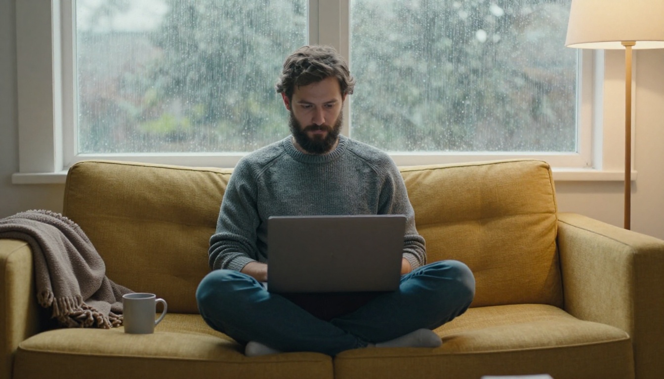 Bearded man in a gray sweater working on a laptop on a sofa beside a rainy window