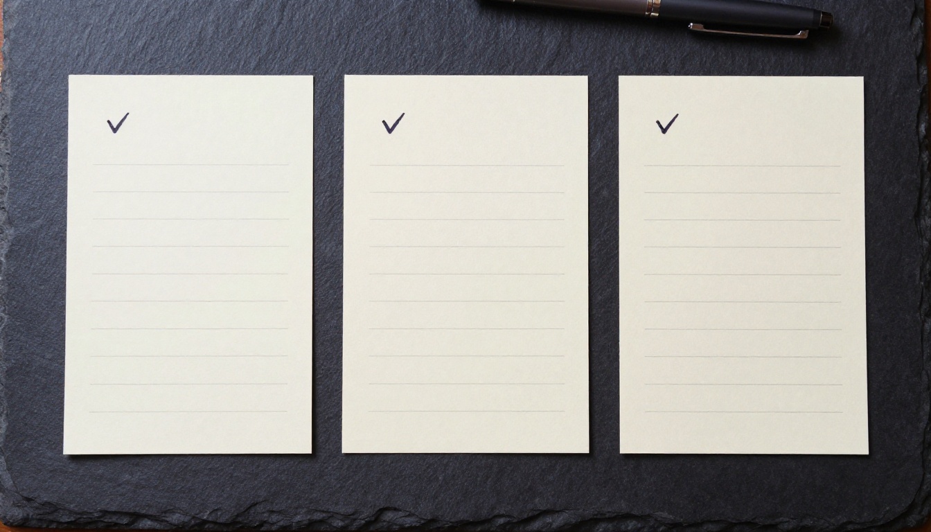 Three cream index cards in a row on a dark slate table with a fountain pen beside them