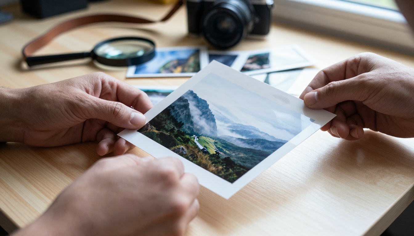 Photographer's hands holding a printed mountain valley photograph above a wooden table of prints