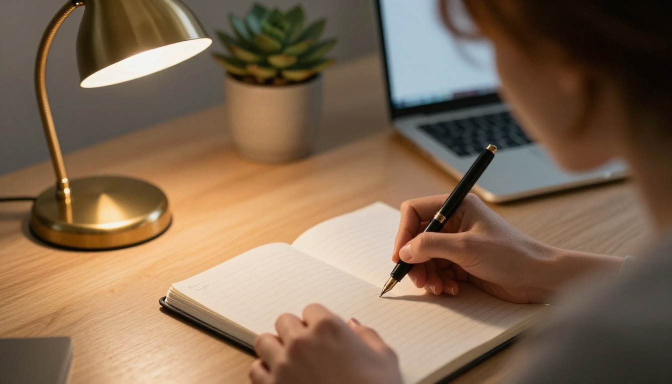 Woman with short auburn hair writing in a notebook under a warm desk lamp