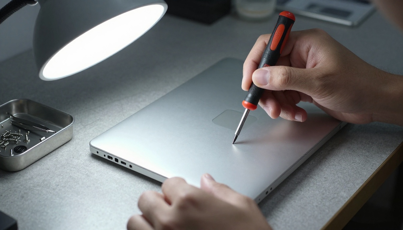 Technician's hands opening a silver laptop with a precision screwdriver on a gray workbench