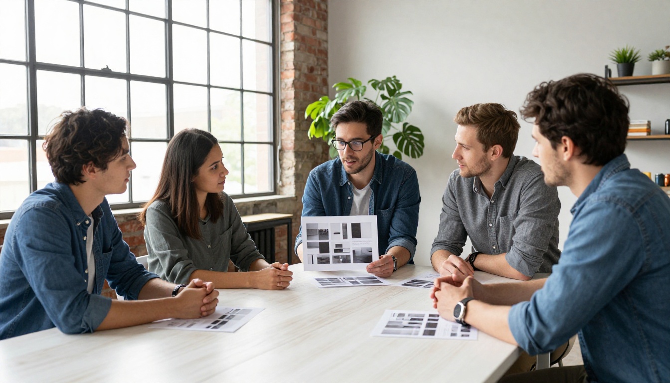 Four teammates around a long white oak table reviewing a printed product photo