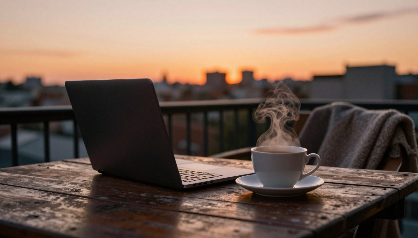 Open laptop and a steaming cup of tea on a wooden balcony table at sunset