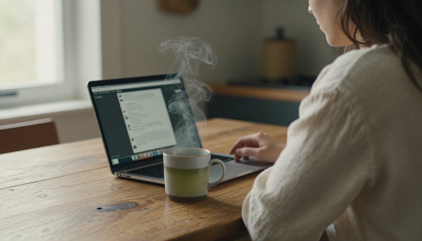Woman at a kitchen table with a laptop and a mug of tea in early morning light