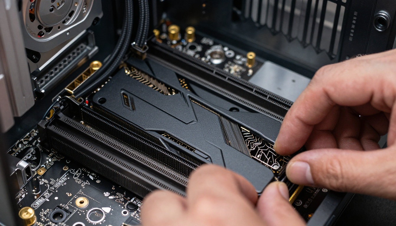 Technician seating a matte black graphics card into a motherboard inside an open PC case