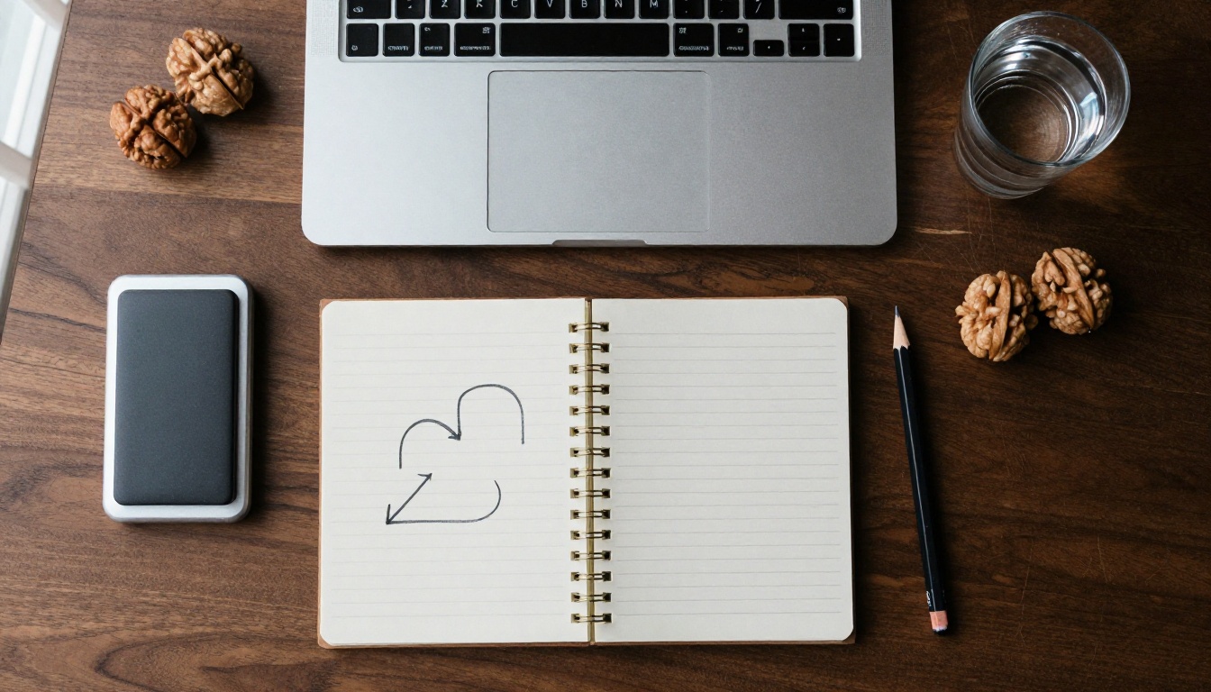 Flat lay of a walnut desk with a laptop, an external drive and a notebook with a hand drawn diagram