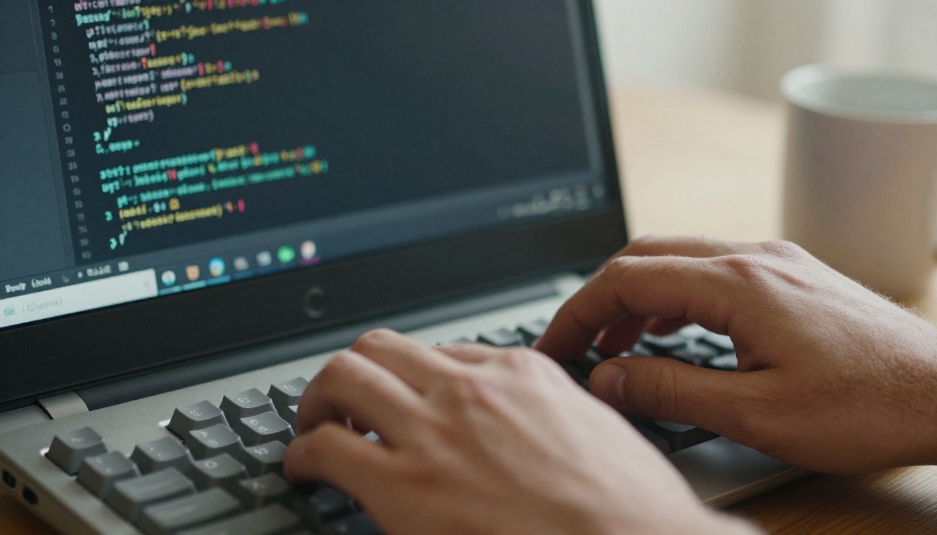 Close-up of hands typing on a mechanical board with a code editor blurred in the background