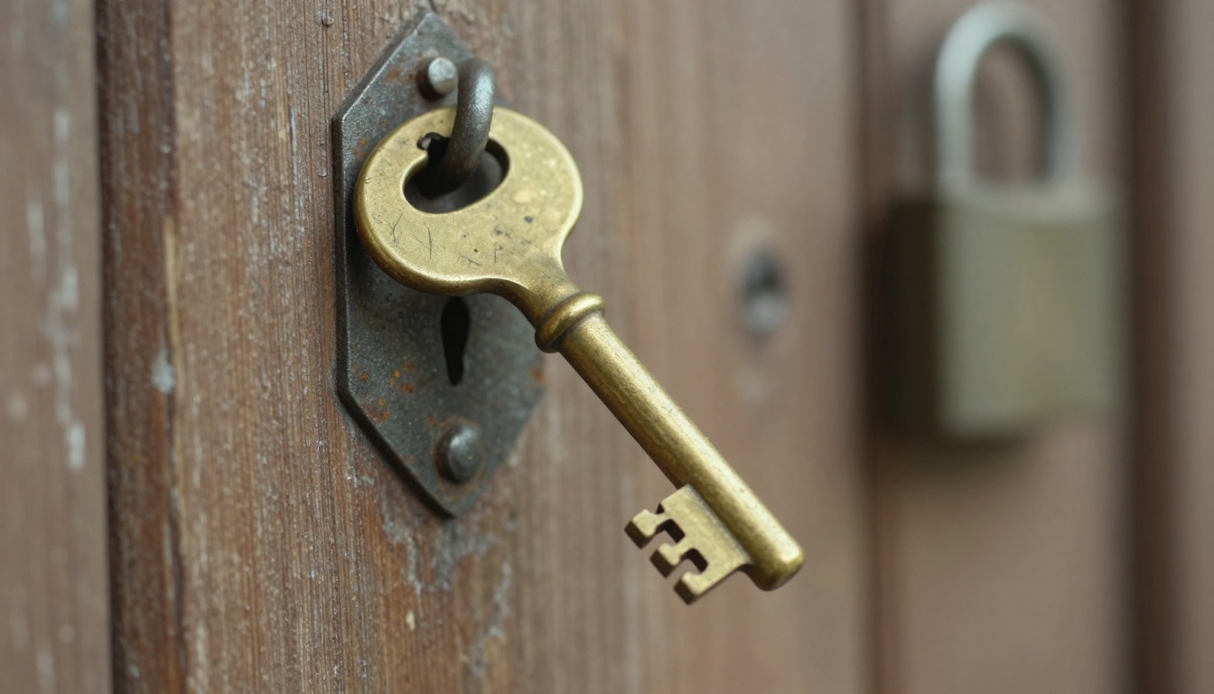 A brass padlock on a weathered wooden door