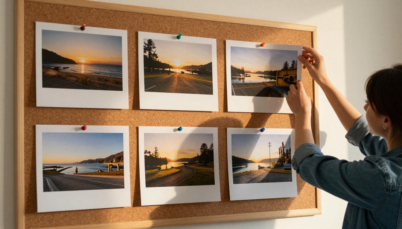 Woman lifting a printed landscape photograph toward a window beside a cork board of prints
