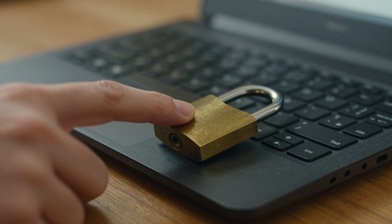 Finger hovering above the Enter button next to a brass padlock on a wooden desk