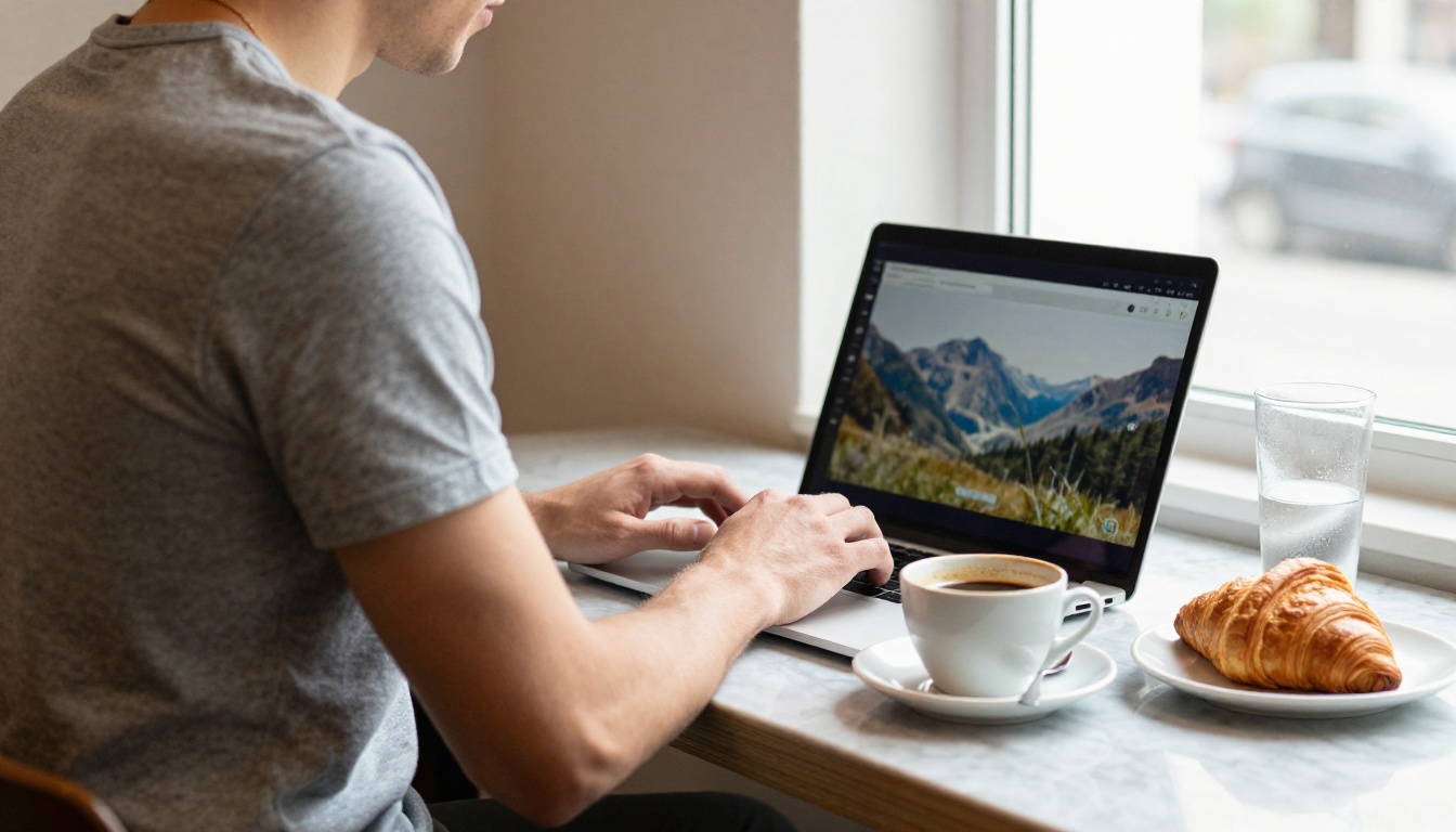 A person at a café table with a laptop showing a chat window and a paused film frame of a mountain valley