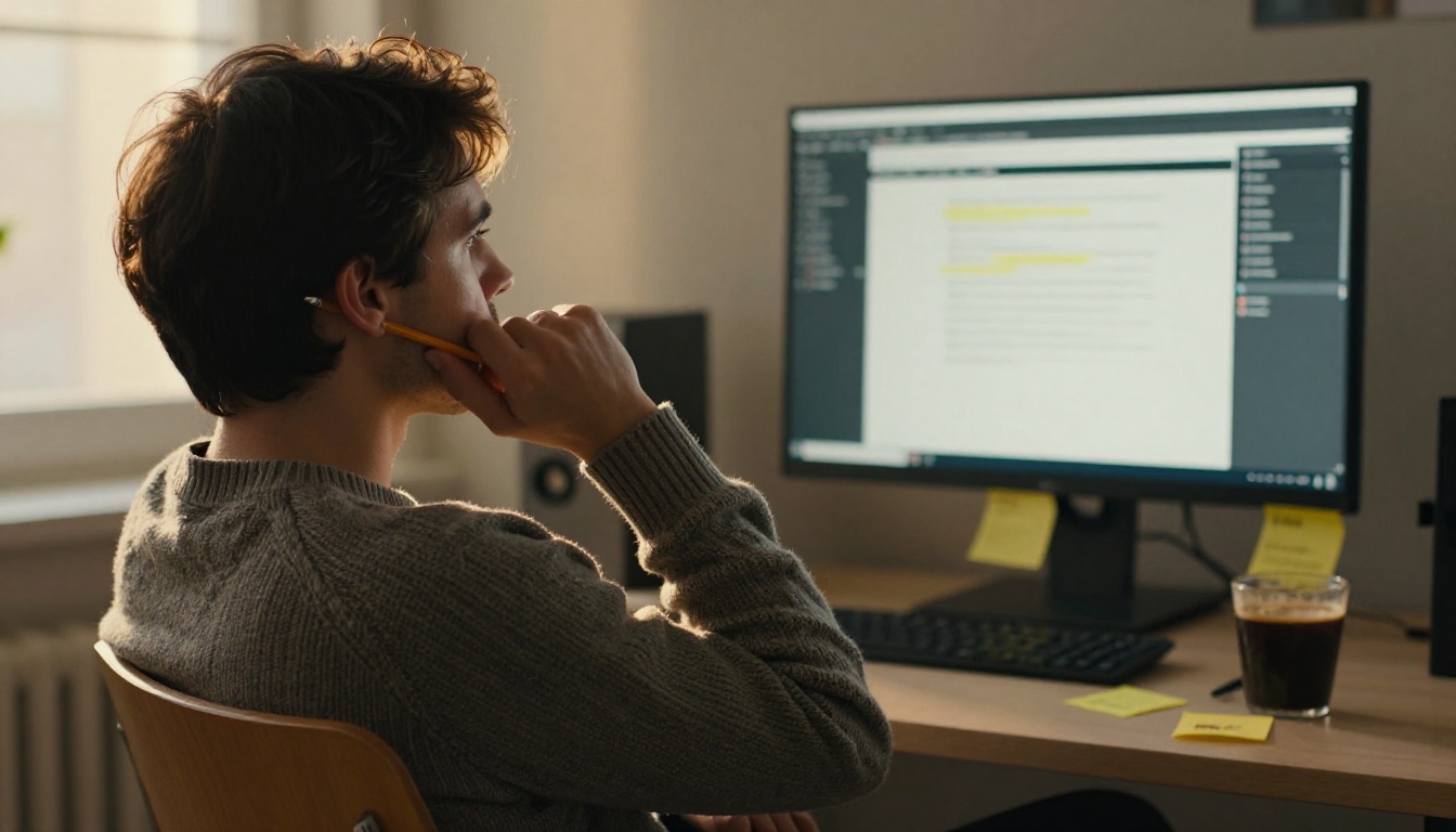 Developer leaning back in a chair studying a monitor with a thoughtful frown