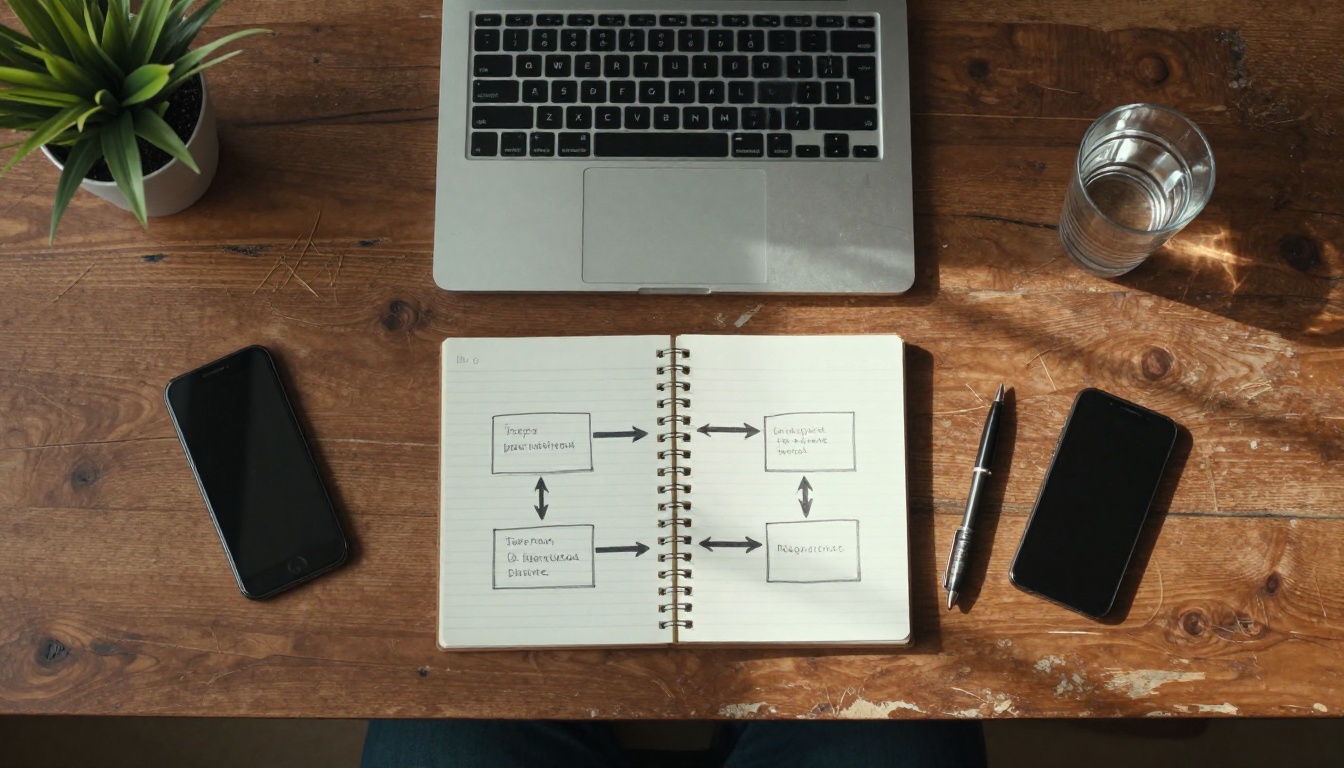 Top-down view of a walnut desk with a laptop and a notebook of hand-drawn boxes and arrows linking three stages