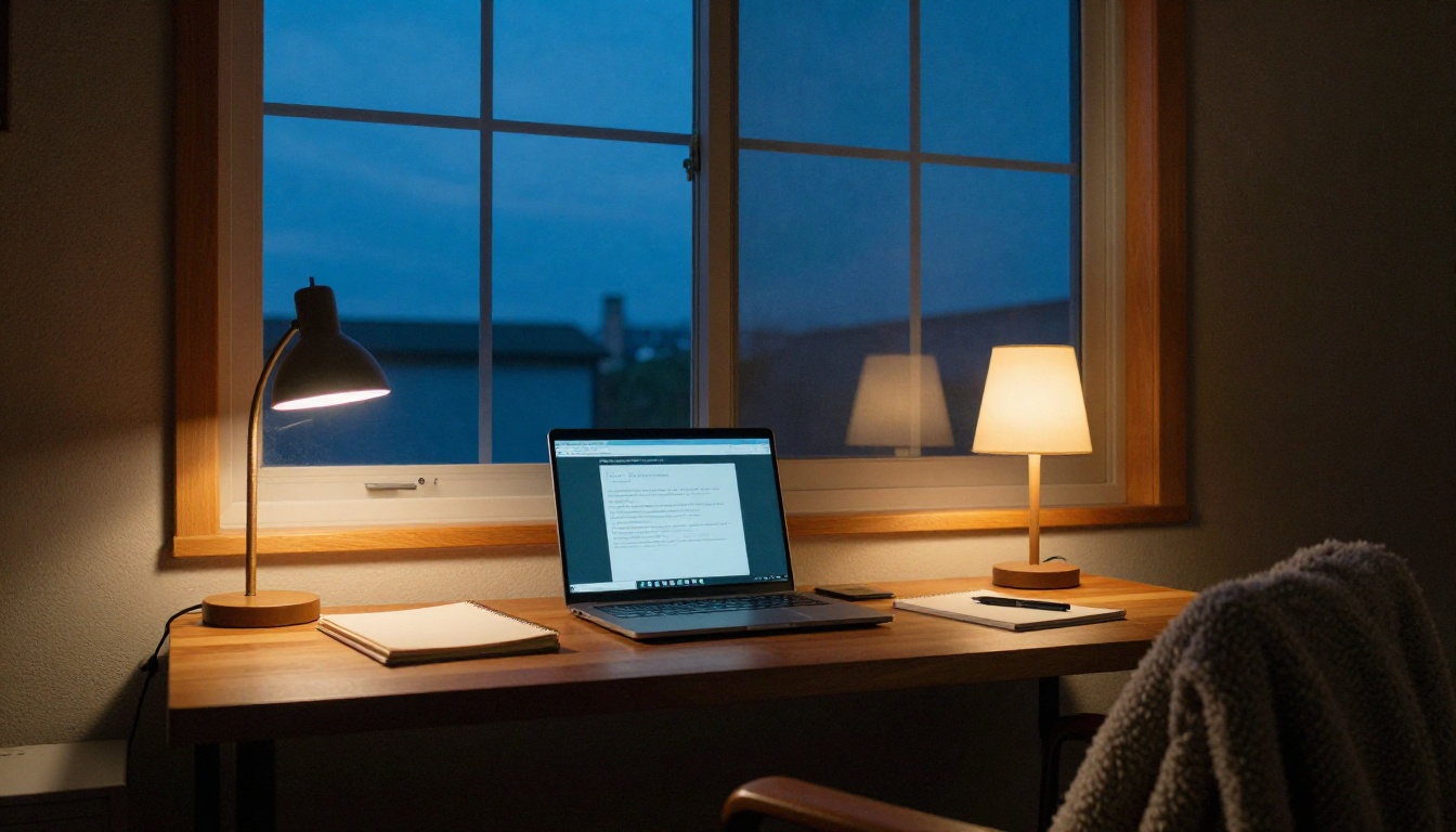 Cozy home office at dusk with a laptop and a warm desk lamp