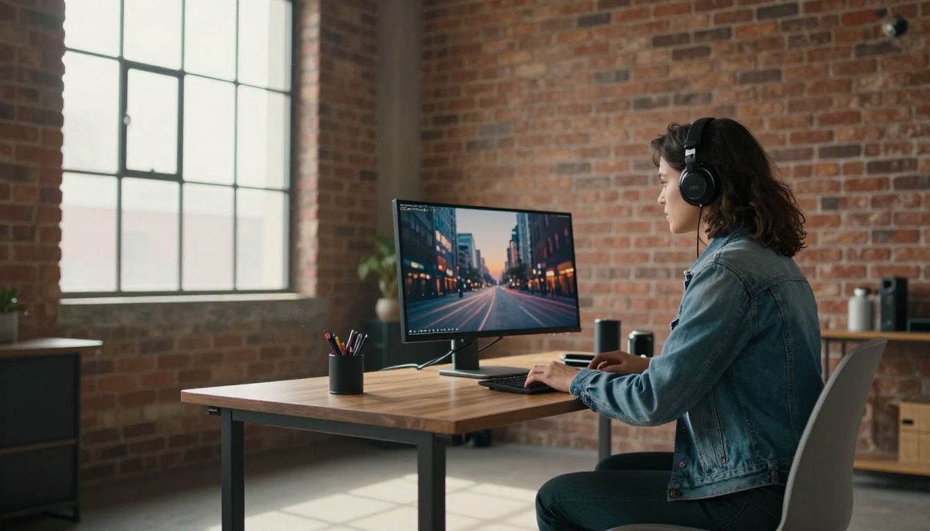A woman in a denim jacket and headphones working at a standing desk in a brick loft with an ultrawide monitor