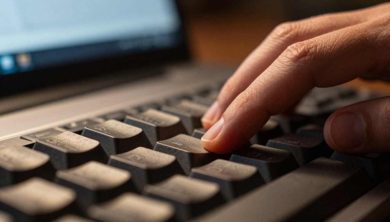 Extreme close-up of fingers typing on matte black caps with a dark code editor blurred behind