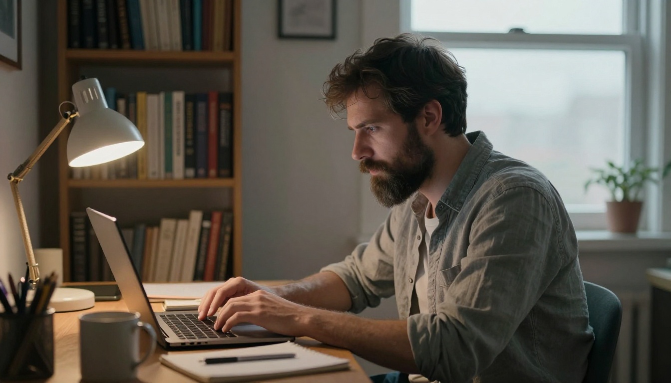 A bearded man reading a laptop screen with a focused expression in a small home office lined with bookshelves