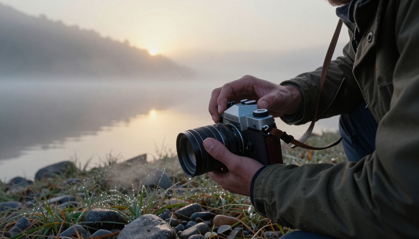 Man holding a film camera toward a misty mountain lake at dawn