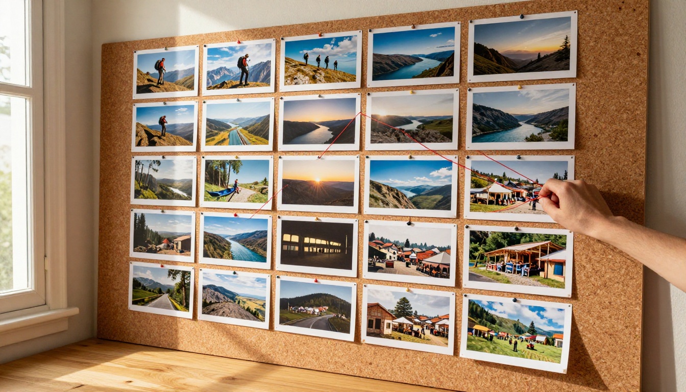 A wide shot of a corkboard wall of printed storyboard frames connected by red string while a hand pins one more frame