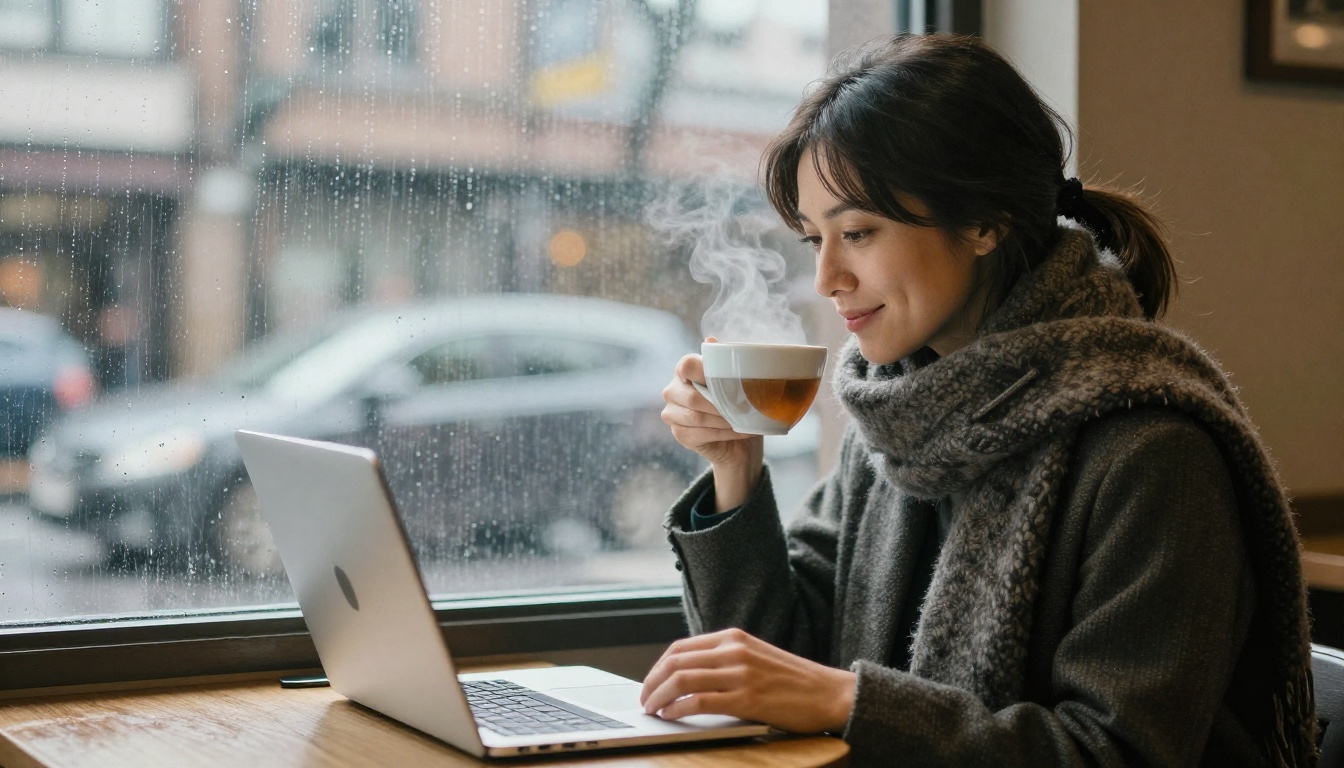 A woman waiting at a rainy café window seat with a laptop and a cup of tea