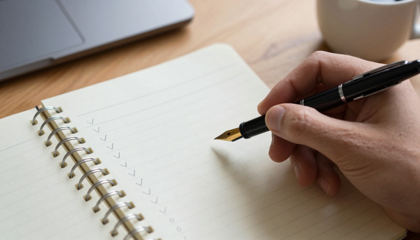 A hand holding a fountain pen over a notebook page with a handwritten checklist beside a laptop and a coffee cup