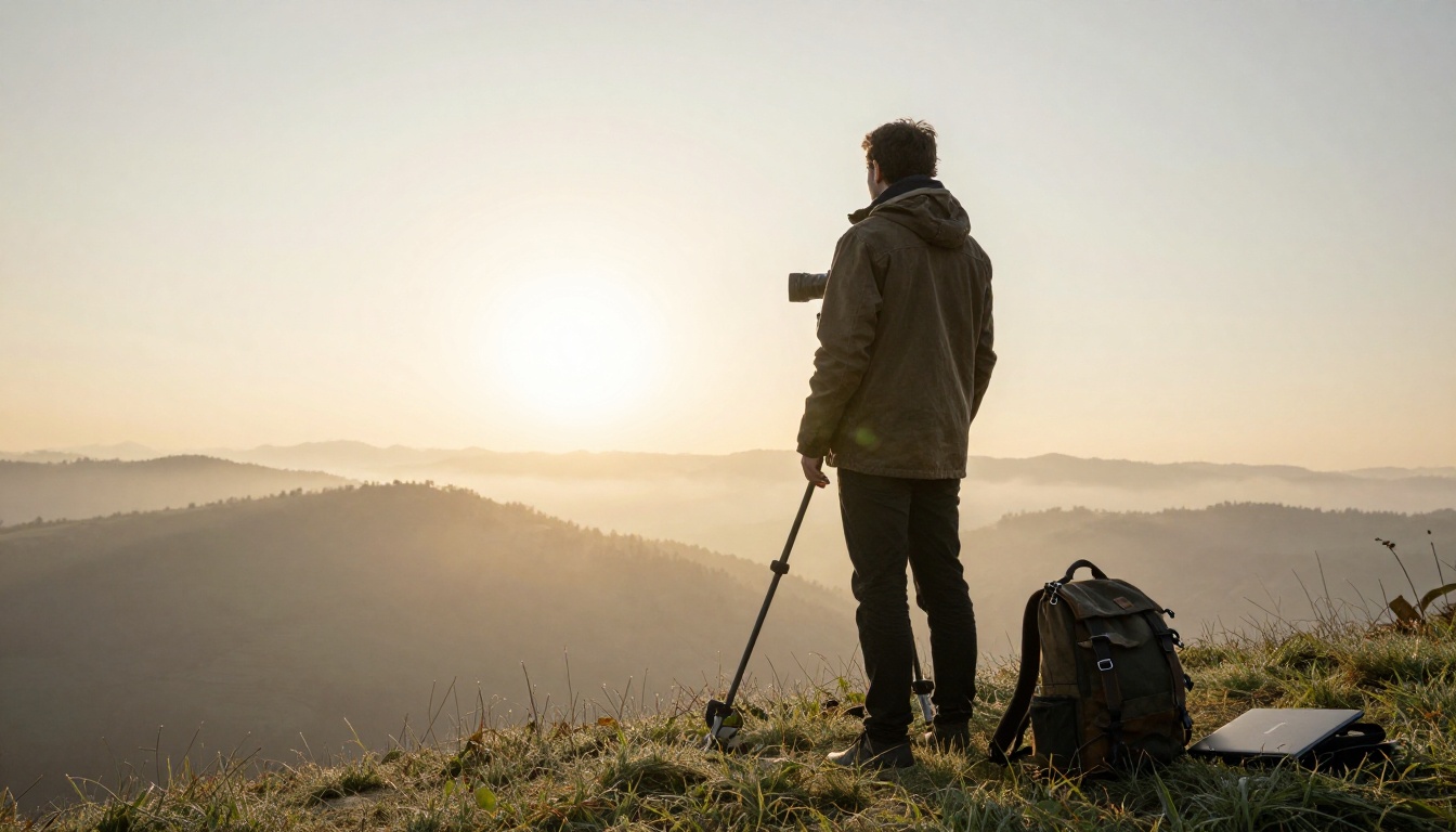 A filmmaker on a grassy hilltop at sunrise beside a camera on a tripod, looking over a misty valley