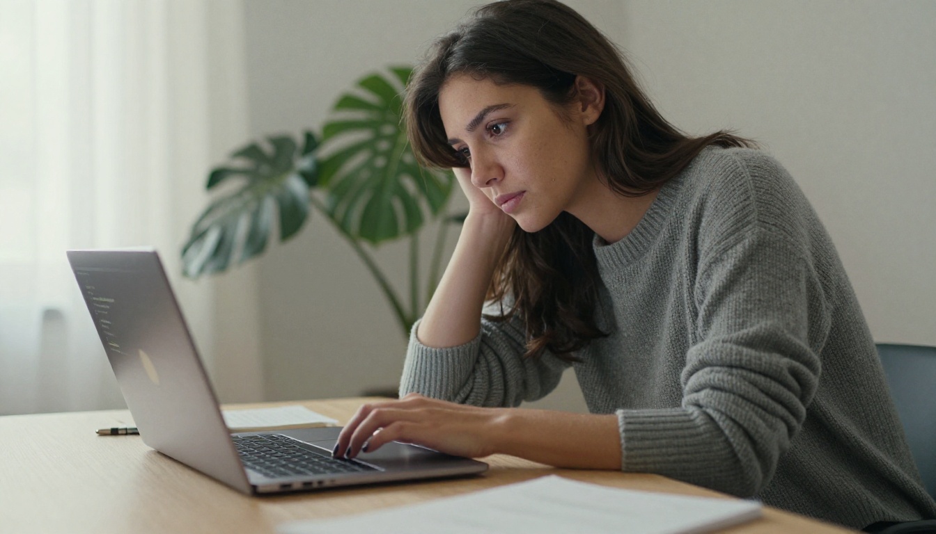 Developer in a gray sweater working on a laptop at a pale oak desk in soft morning light