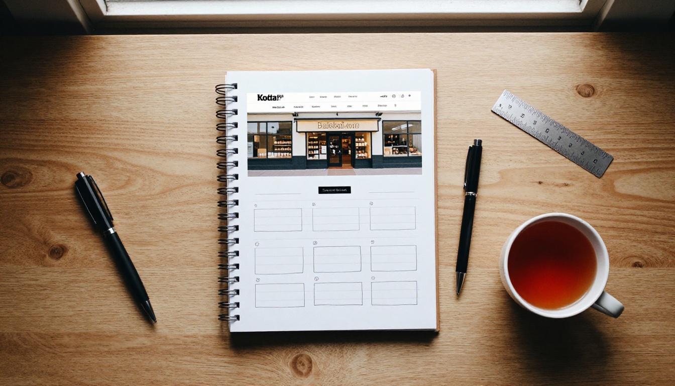 Flat-lay of a wooden desk with a printed bakery photo, a notebook of page layout sketches and a cup of tea