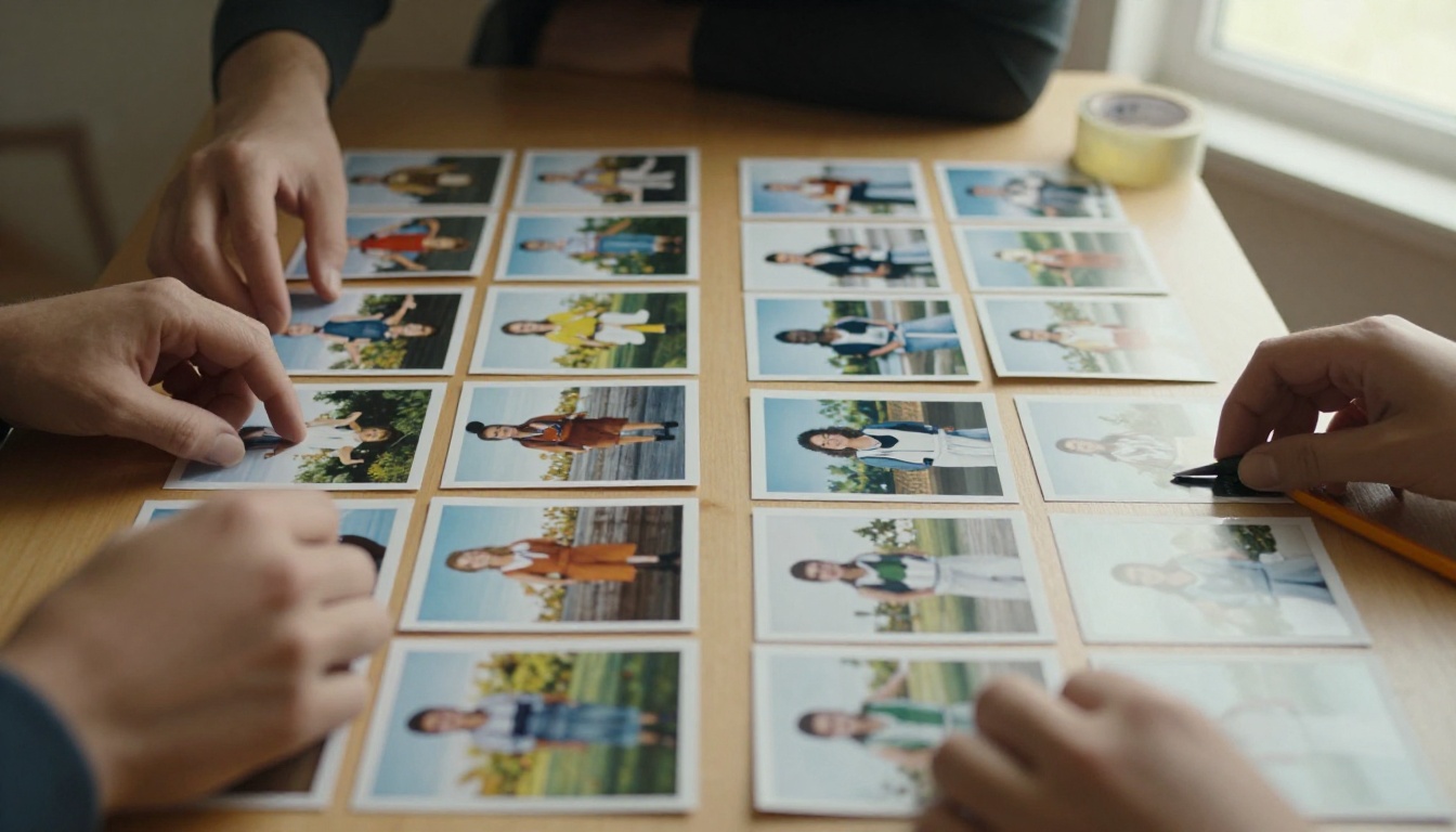 Hands arranging original and edited printed photographs into two neat rows on a table
