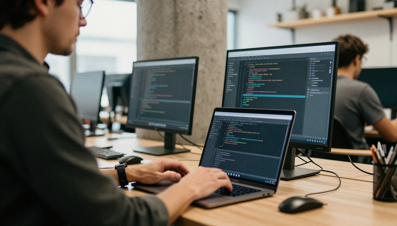 Developer typing on a laptop beside an external monitor in a bright co-working space