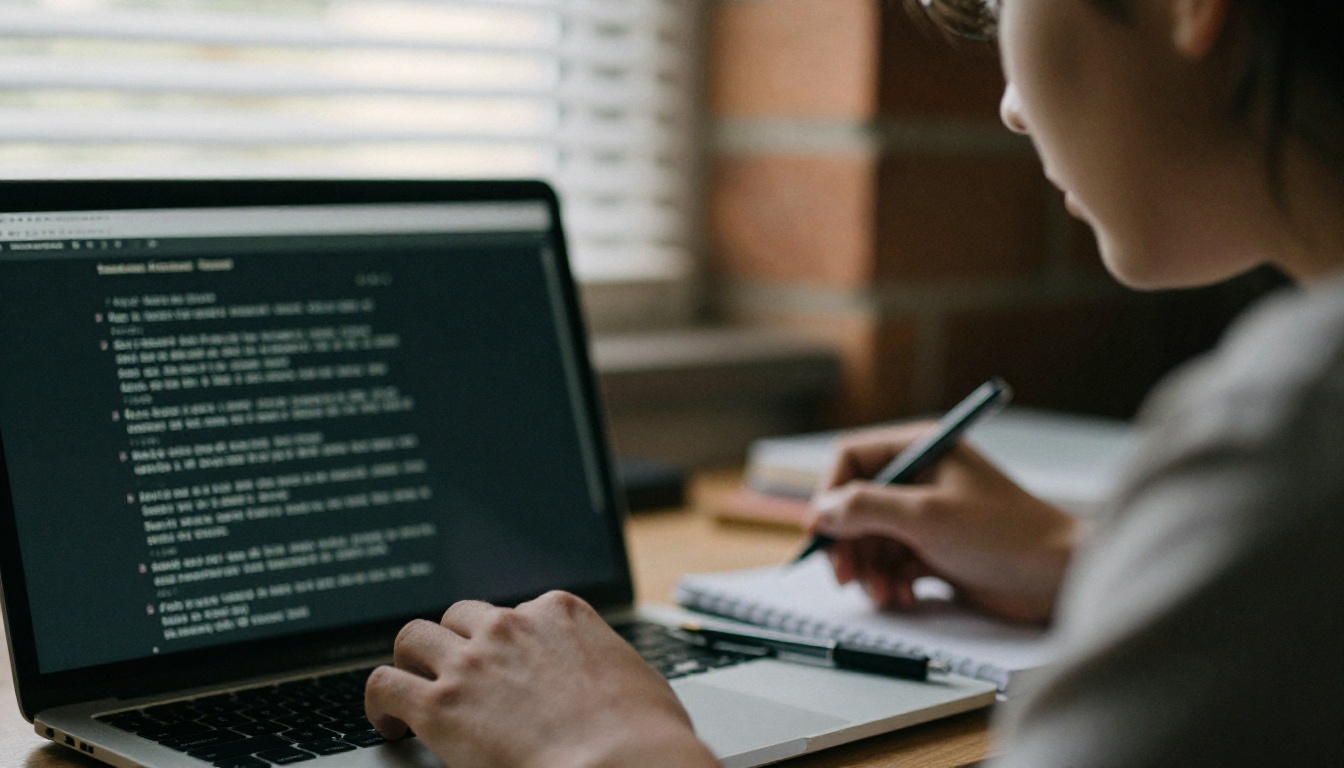 Person at a standing desk with a laptop and notebook in late afternoon light