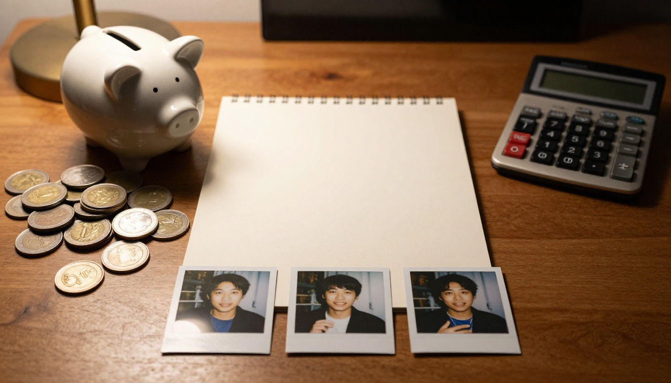 Ceramic piggy bank beside a stack of coins and three small instant photographs on a walnut desk