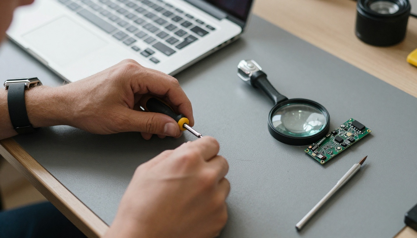 Technician's hands with a small screwdriver over an open laptop on a tidy workbench
