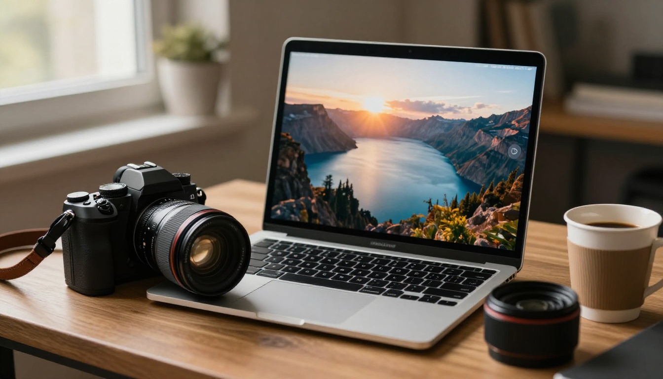Photographer's studio table with a laptop showing a mountain lake photo beside a camera and a coffee cup