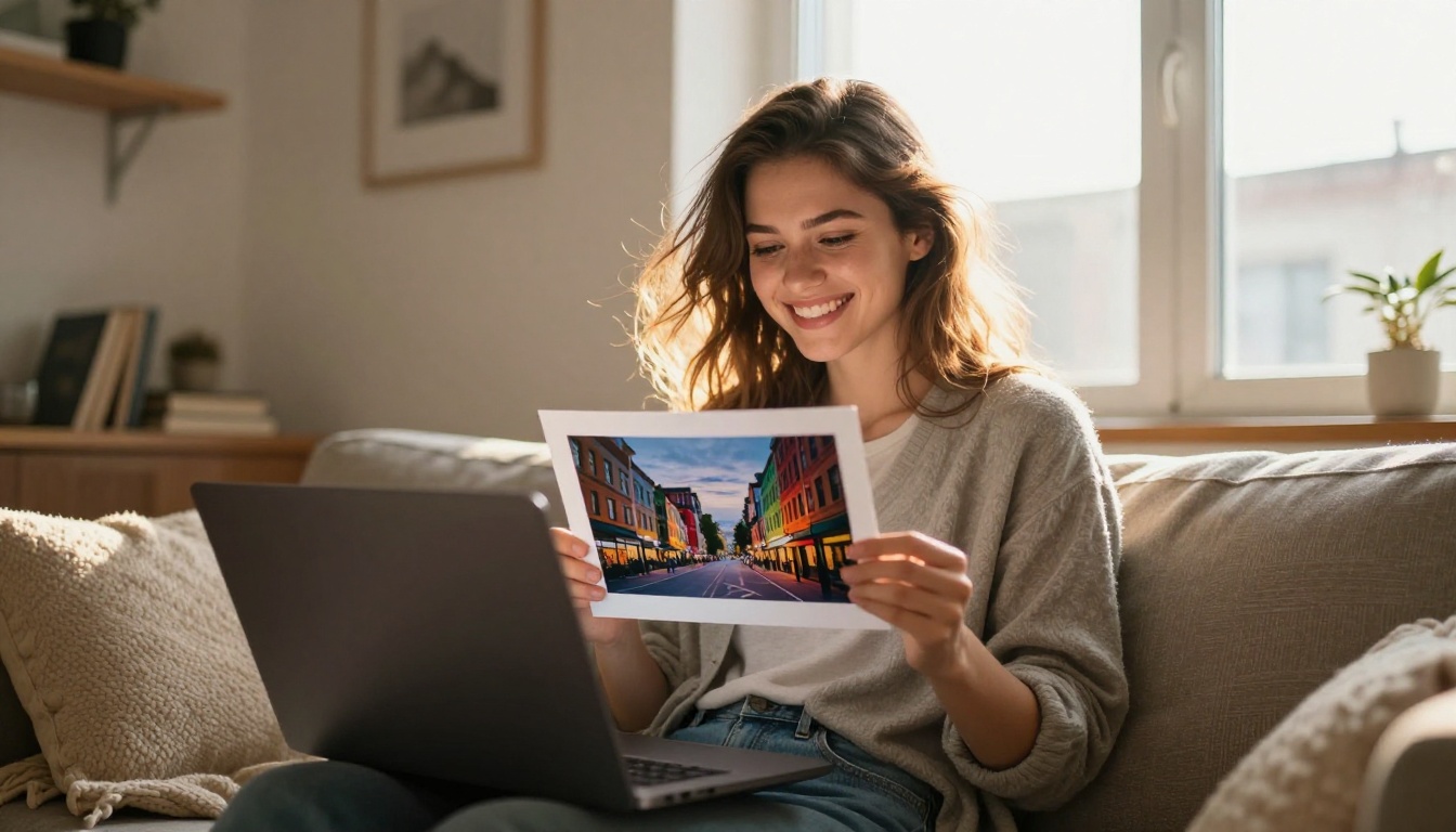 Smiling young woman holding a printed city street photo up to the light in a sunny loft