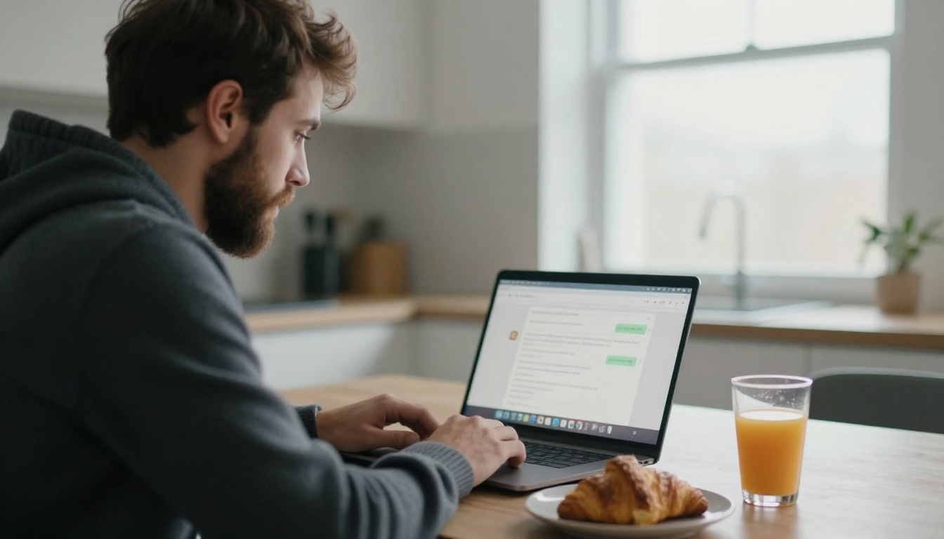 A man in a charcoal hoodie checking a chat window on a laptop at a kitchen table over breakfast