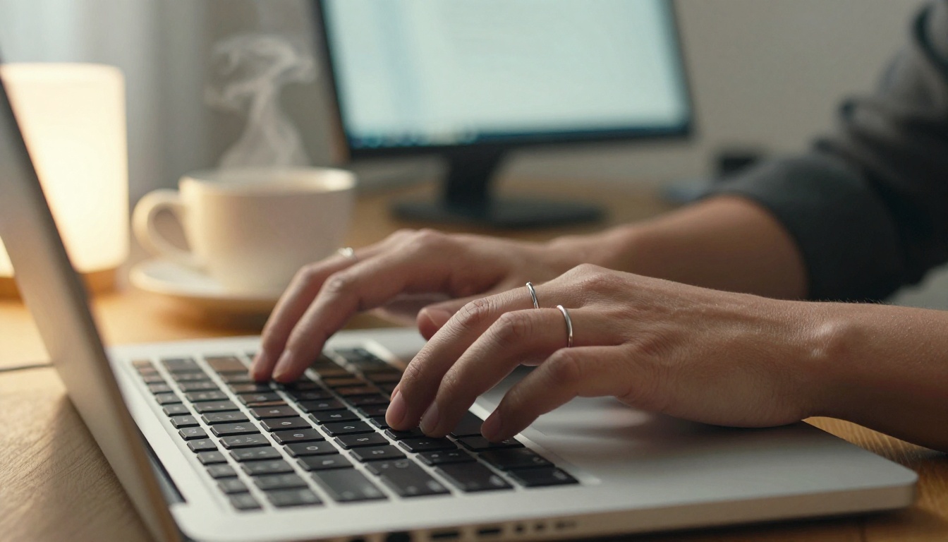 Close-up of a woman's hands typing on a laptop beside a steaming cup of tea