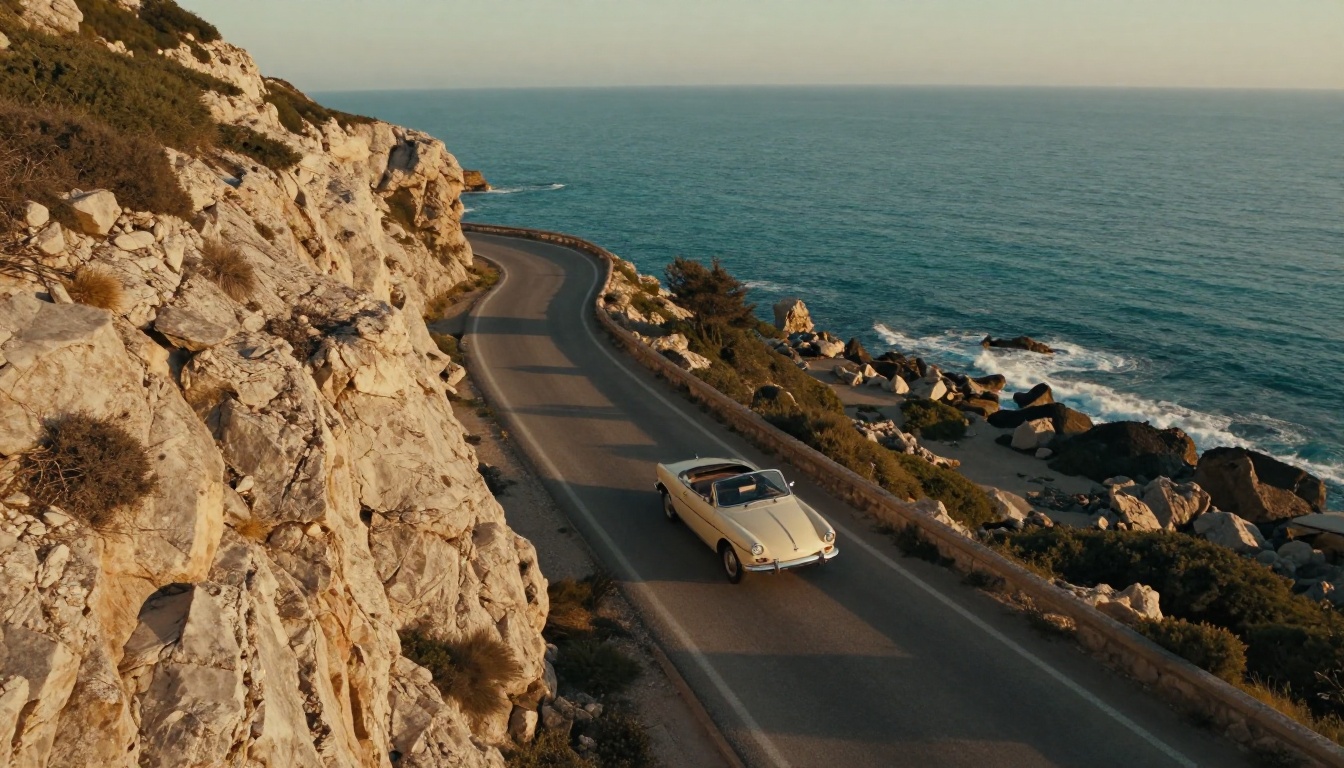 Aerial view of a cream convertible on a winding coastal road at golden hour