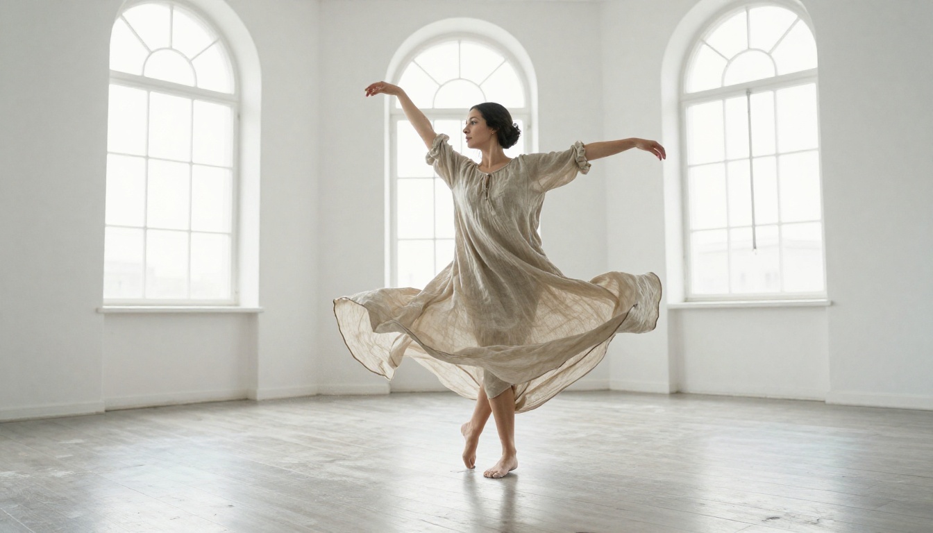 Low-angle photograph of a dancer frozen mid-spin in a bright studio with a flaring linen dress