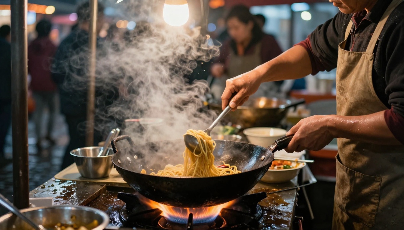 A street-food cook tossing noodles in a blackened wok at an evening market